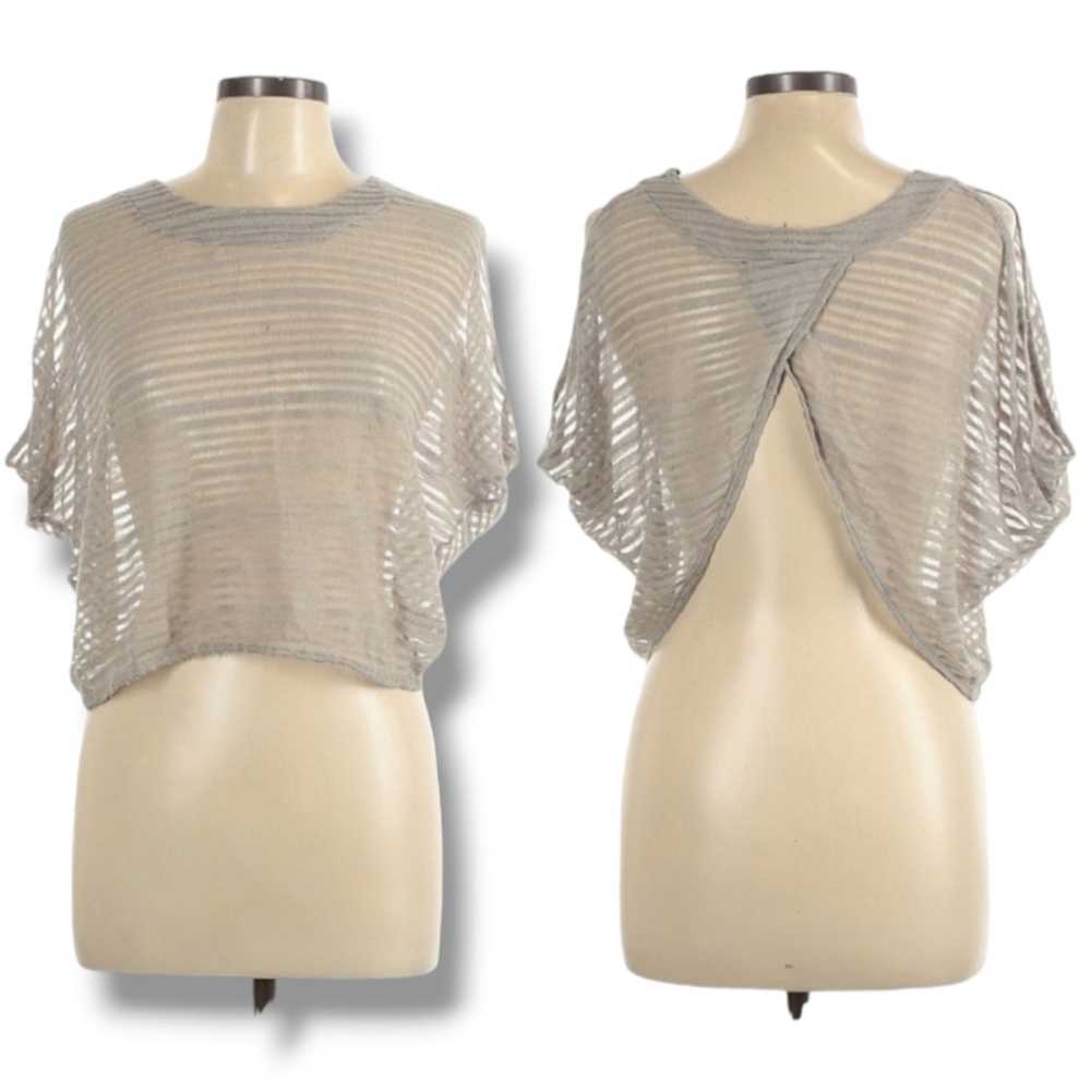 Decree Open Back Top Size L Gray Taupe Color Open Knit Lightweight Round Neck
